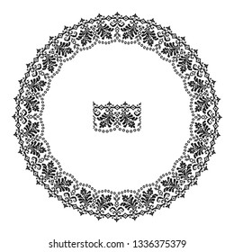 Embroidered good like handmade cross-stitch ethnic Ukraine pattern. Round ornament in ethnic style. Fashion background with ornate dish. Interior decor, vector illustration.