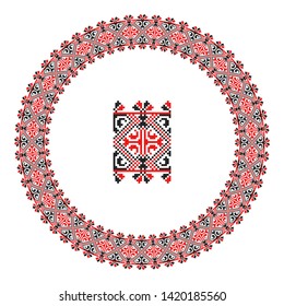 Embroidered good like handmade cross-stitch ethnic Ukraine pattern. Round ornament in ethnic style. Fashion background with ornate dish. Interior decor, vector illustration.