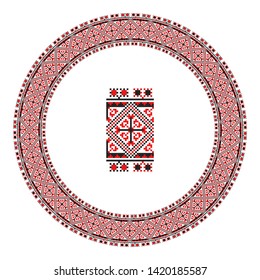 Embroidered good like handmade cross-stitch ethnic Ukraine pattern. Round ornament in ethnic style. Fashion background with ornate dish. Interior decor, vector illustration.