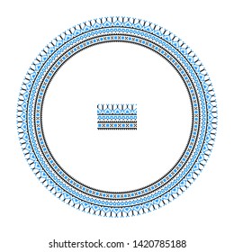 Embroidered good like handmade cross-stitch ethnic Ukraine pattern. Round ornament in ethnic style. Fashion background with ornate dish. Interior decor, vector illustration.