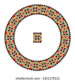 Embroidered good like handmade cross-stitch ethnic Ukraine pattern. Round ornament in ethnic style. Fashion background with ornate dish. Interior decor, vector illustration.