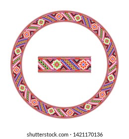 Embroidered good like handmade cross-stitch ethnic Ukraine pattern. Round ornament in ethnic style. Fashion background with ornate dish. Interior decor, vector illustration.