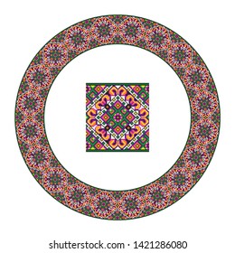 Embroidered good like handmade cross-stitch ethnic Ukraine pattern. Round ornament in ethnic style. Fashion background with ornate dish. Interior decor, vector illustration.