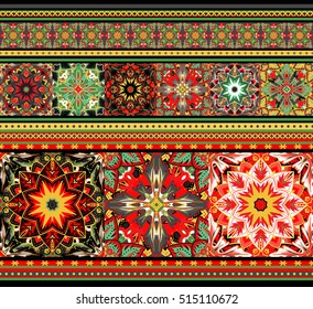 Embroidered good like handmade cross-stitch ethnic pattern. Khohloma colors seamless background.