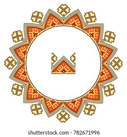 Embroidered good like handmade cross-stitch ethnic Ukraine pattern. Round ornament in ethnic style. Fashion background with ornate dish. Interior decor, vector illustration.
