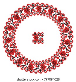 Embroidered good like handmade cross-stitch ethnic Ukraine pattern. Round ornament in ethnic style. Fashion background with ornate dish. Interior decor, clock, vector illustration.