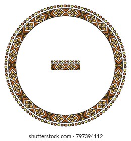 Embroidered good like handmade cross-stitch ethnic Ukraine pattern. Round ornament in ethnic style. Fashion background with ornate dish. Interior decor, clock, vector illustration.