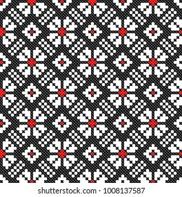 embroidered good like old handmade cross-stitch ethnic Ukraine pattern. Ukrainian seamless ornament in vector