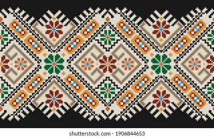 Embroidered good like old handmade cross-stitch ethnic Ukraine pattern. Ukrainian towel with ornament, rushnyk called, in vector.