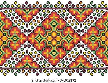 Embroidered good like old handmade cross-stitch ethnic Ukraine pattern. Traditional Ukrainian folk art pattern - vyshyvanka called. Hutsul colors