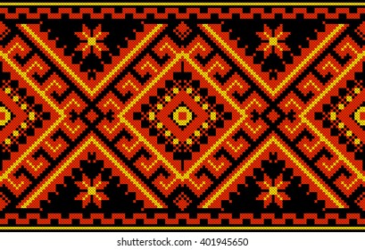 embroidered good like old handmade cross-stitch ethnic Ukraine pattern. Ukrainian towel with ornament, rushnyk called, in vector