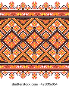 embroidered good like old handmade cross-stitch ethnic Ukraine pattern. Ukrainian towel with ornament, rushnyk called, in vector