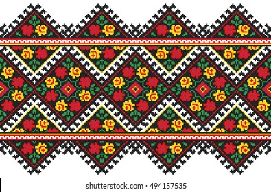 embroidered good like old handmade cross-stitch ethnic Ukraine pattern. Ukrainian towel with ornament, rushnyk called, in vector
