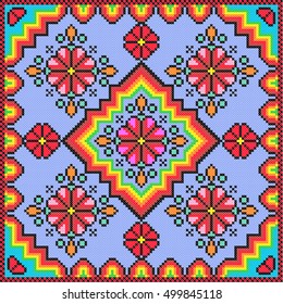 embroidered good like old handmade cross-stitch ethnic Ukraine pattern. Child pillow with ornament in vector