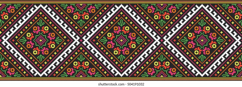 embroidered good like old handmade cross-stitch ethnic Ukraine pattern. Ukrainian towel with ornament, rushnyk called, in vector