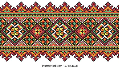 embroidered good like old handmade cross-stitch ethnic Ukraine pattern. Ukrainian towel with ornament, rushnyk called, in vector