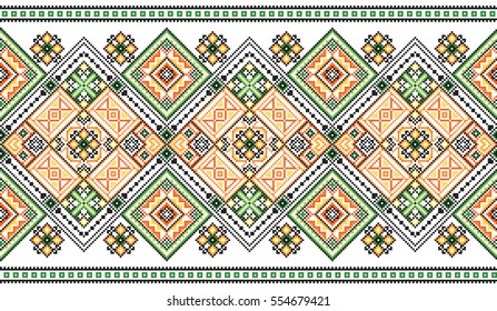 embroidered good like old handmade cross-stitch ethnic Ukraine pattern. Ukrainian towel with ornament, rushnyk called, in vector