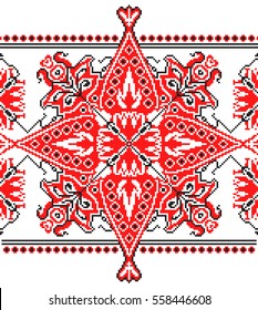 embroidered good like old handmade cross-stitch ethnic Ukraine pattern. Ukrainian towel with ornament, rushnyk called, in vector