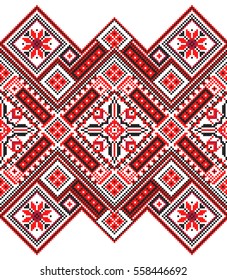 embroidered good like old handmade cross-stitch ethnic Ukraine pattern. Ukrainian towel with ornament, rushnyk called, in vector