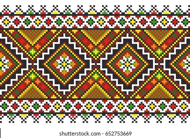 embroidered good like old handmade cross-stitch ethnic Ukraine pattern. Ukrainian towel with ornament, rushnyk called, in vector