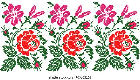 Stickig gut wie alte handgefertigte Kreuzstich ethnische Ukraine Muster. Ukrainisches Handtuch mit Ornament, Rushnyk genannt, in Vektorgrafik. Nahtloses Muster mit Rosen.
