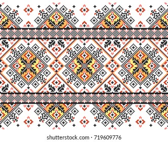 bordados bien como viejos patrones artesanales cruzados de la etnia ucraniana. Toalla ucraniana con ornamento, llamada rushnyk, en vector