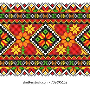 embroidered good like old handmade cross-stitch ethnic Ukraine pattern. Ukrainian towel with ornament, rushnyk called, in vector