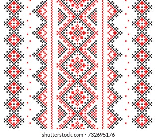 embroidered good like old handmade cross-stitch ethnic Ukraine pattern. Black and red color ornament in vector