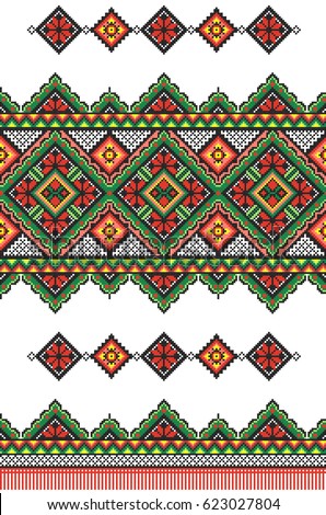 embroidered good like old handmade cross-stitch ethnic Ukraine pattern. Ukrainian towel with ornament, rushnyk called, in vector
