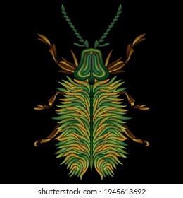 Embroidered green beetle. Decorative element for embroidery, patches, stickers, badges, print for t-shirts.