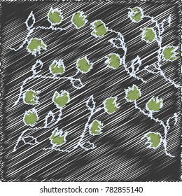 Embroidered Green Flowers with White Stem and Leaves on Black Background
