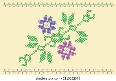 embroidered handmade cross-stitch. ethnic pattern. Fabric texture
