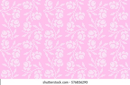 Embroidered Handmade Cross-stitch Ethnic Vector Seamless Pattern. Pink Spring Background for Textile Design,Greeting Cards,Invitations,Wrapping,Wallpaper.