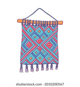 Embroidered handmade decorative panel, sketch vector illustration isolated on white background. and needle. Crafts manufacturing, hobby and needlework.