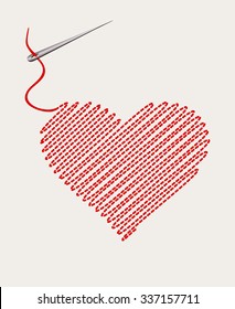 embroidered heart with a needle thread. vector illustration