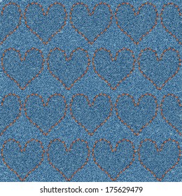 Embroidered hearts on denim, seamless pattern. Background for Valentine's Day. Vector illustration.