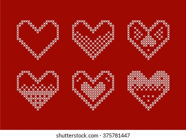 Embroidered hearts  Vector set hearts  Figured heart  Valentine's day  White hearts red background  Norwegian design  Scandinavian design  Slavic design  Cross stitch scheme 2 2
