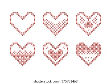 Embroidered hearts  Vector set hearts  Figured heart  Valentine's day  Red hearts white background  Norwegian design  Scandinavian design  Slavic design  Cross stitch scheme 2 1
