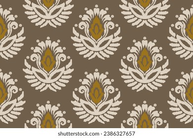 
Embroidered Ikat flower pattern on a brown background. Traditional ethnic ikat, Aztec abstract vector pattern, seamless pattern in tribal, folk embroidery and Mexican style.