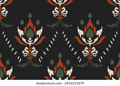 Embroidered Ikat flower pattern on a black background. Traditional ethnic ikat, Aztec abstract vector pattern, seamless pattern in tribal, folk embroidery and Mexican style.