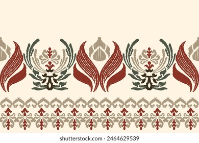 Patrón de flores de Ikat bordado sobre un fondo amarillo claro. Tradicional ikat étnico, patrón de Vector abstracto azteca, patrón sin costuras en bordado tribal, folclórico y estilo mexicano.