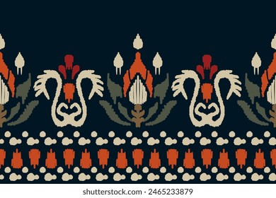 Embroidered Ikat flower pattern on a black background. Traditional ethnic ikat, Aztec abstract vector pattern, seamless pattern in tribal, folk embroidery and Mexican style.