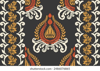 Patrón de flores de Ikat bordado sobre un fondo negro. Tradicional ikat étnico, patrón de Vector abstracto azteca, patrón sin costuras en bordado tribal, folclórico y estilo mexicano.