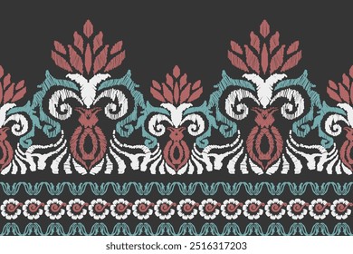 Padrão de flor Ikat bordado em um fundo preto. O ikat étnico tradicional, padrão vetorial abstrato asteca, padrão sem emenda em estilo tribal, bordado popular e mexicano.