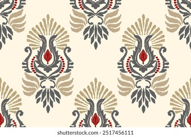 Padrão bordado da flor de Ikat em um fundo amarelo claro. O ikat étnico tradicional, padrão vetorial abstrato asteca, padrão sem emenda em estilo tribal, bordado popular e mexicano.