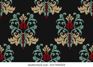 Patrón de flores de Ikat bordado sobre un fondo negro. Ikat étnico tradicional, patrón de Vector abstracto azteca, patrón sin fisuras en tribal, bordado popular y estilo mexicano.
