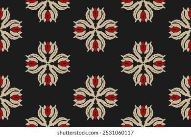 Embroidered Ikat flower pattern on a black background. Traditional ethnic ikat, Aztec abstract vector pattern, seamless pattern in tribal, folk embroidery and Mexican style.