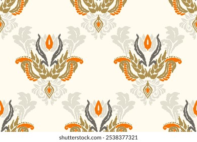Embroidered Ikat flower pattern on white background. Traditional ethnic ikat, Aztec abstract vector pattern, seamless pattern in tribal, folk embroidery and Mexican style.
