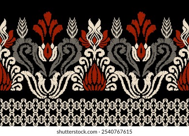 Patrón de flores de Ikat bordado sobre un fondo negro. Ikat étnico tradicional, patrón de Vector abstracto azteca, patrón sin fisuras en tribal, bordado popular y estilo mexicano.
