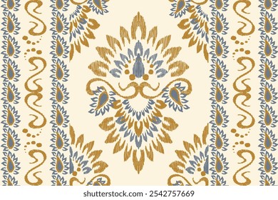 Embroidered Ikat flower pattern on white background. Traditional ethnic ikat, Aztec abstract vector pattern, seamless pattern in tribal, folk embroidery and Mexican style.